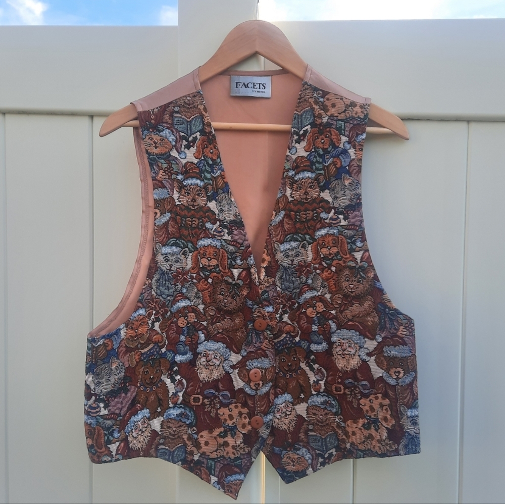Vintage 90s Cat and Dog Christmas Tapestry Vest | FACETS by mirrors | NWT | L